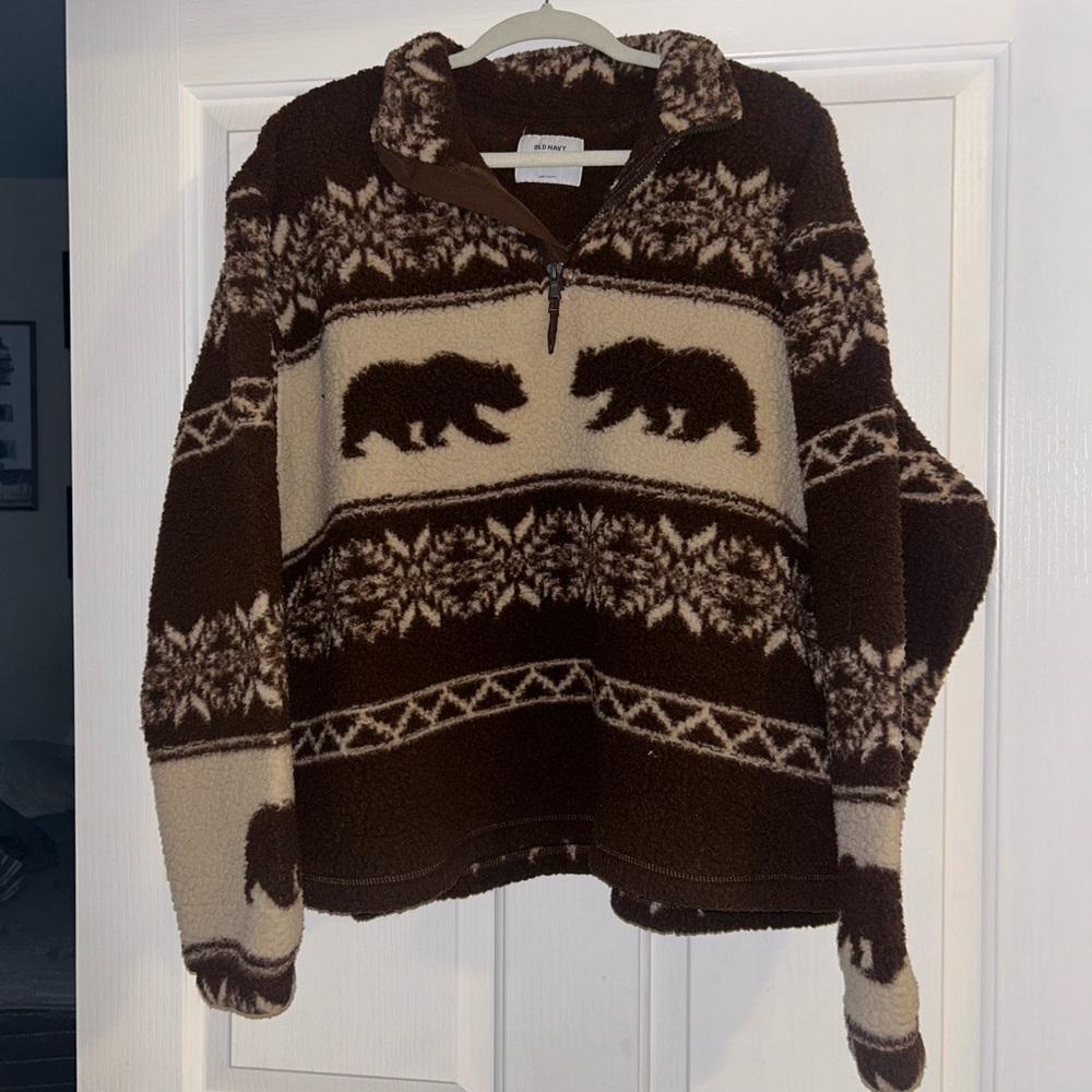 Old Navy Brown and Cream Bear Pattern Zip-Up Sweater
